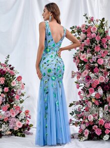 Kontrastmaska Kontrastsekin Blommig växter Party Klänning - Blå - Visa 2