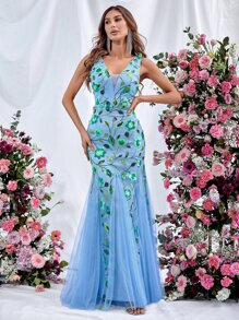 Kontrastmaska Kontrastsekin Blommig växter Party Klänning - Blå - Visa 5