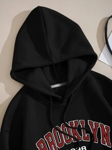 SHEIN EZwear Letter Graphic Kangaroo Pocket Drawstring Thermal Hoodie - Black - View 3