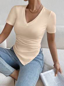 SHEIN Essnce Áo thun nữ Bất đối xứng Xù màu trơn Giải trí - Màu be - Xem 1