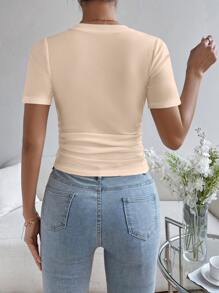 SHEIN Essnce Áo thun nữ Bất đối xứng Xù màu trơn Giải trí - Màu be - Xem 2