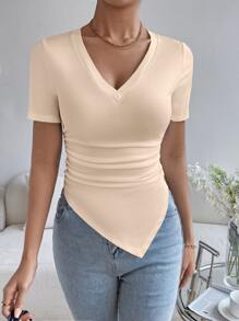 SHEIN Essnce Áo thun nữ Bất đối xứng Xù màu trơn Giải trí - Màu be - Xem 3