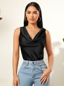 SHEIN SXY 垂領緞面背心上衣 - 黑色 - 查看 1