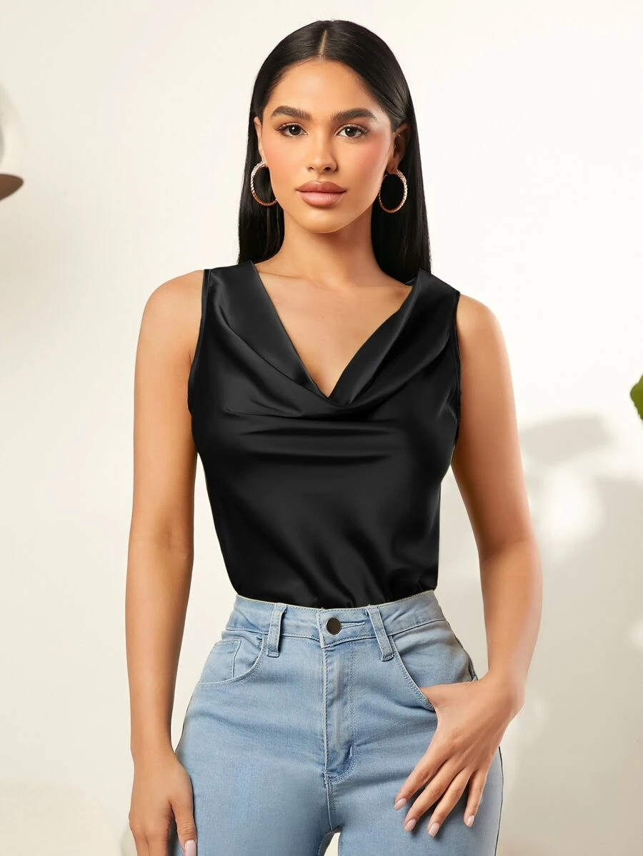 SHEIN SXY 垂領緞面背心上衣 - 黑色 - 查看 1