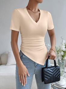 SHEIN Essnce Áo thun nữ Bất đối xứng Xù màu trơn Giải trí - Màu be - Xem 4