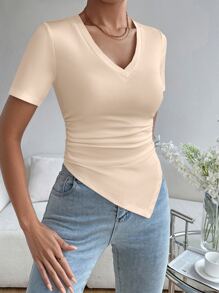 SHEIN Essnce Áo thun nữ Bất đối xứng Xù màu trơn Giải trí - Màu be - Xem 6
