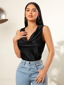 SHEIN SXY 垂領緞面背心上衣 - 黑色 - 查看 3