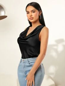 SHEIN SXY 垂領緞面背心上衣 - 黑色 - 查看 4