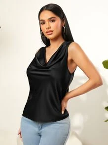 SHEIN SXY 垂領緞面背心上衣 - 黑色 - 查看 5