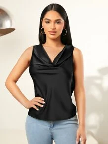 SHEIN SXY 垂領緞面背心上衣 - 黑色 - 查看 7