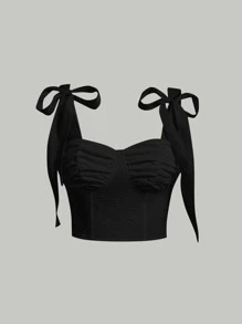 SHEIN MOD Top tipo bustier con hombros de lazo y drapeado - Negro - Ver 1
