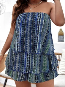 SHEIN Holidaya Plus Allover Print Tube Top & Shorts - Multicolor - View 3