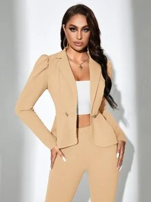 SHEIN SXY Solid Open Front Blazer & Flare Leg Trousers - Apricot - View 5
