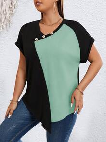 SHEIN LUNE Camiseta de dos tonos con diseño de botón de manga murciélago bajo asimétrico - verde menta - Ver 4