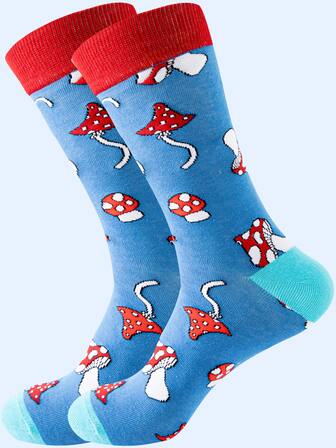 1雙男士蘑菇圖案時尚中筒襪適用於日常