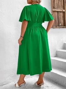 SHEIN VCAY Plus Butterfly Sleeve Split Thigh Dress - Green - View 2
