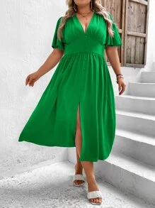 SHEIN VCAY Plus Butterfly Sleeve Split Thigh Dress - Green - View 3