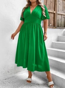 SHEIN VCAY Plus Butterfly Sleeve Split Thigh Dress - Green - View 4