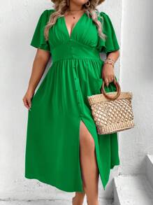 SHEIN VCAY Plus Butterfly Sleeve Split Thigh Dress - Green - View 5
