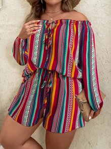 SHEIN Holidaya Plus Striped Print Off Shoulder Lantern Sleeve Top & Shorts - Multicolor - View 1