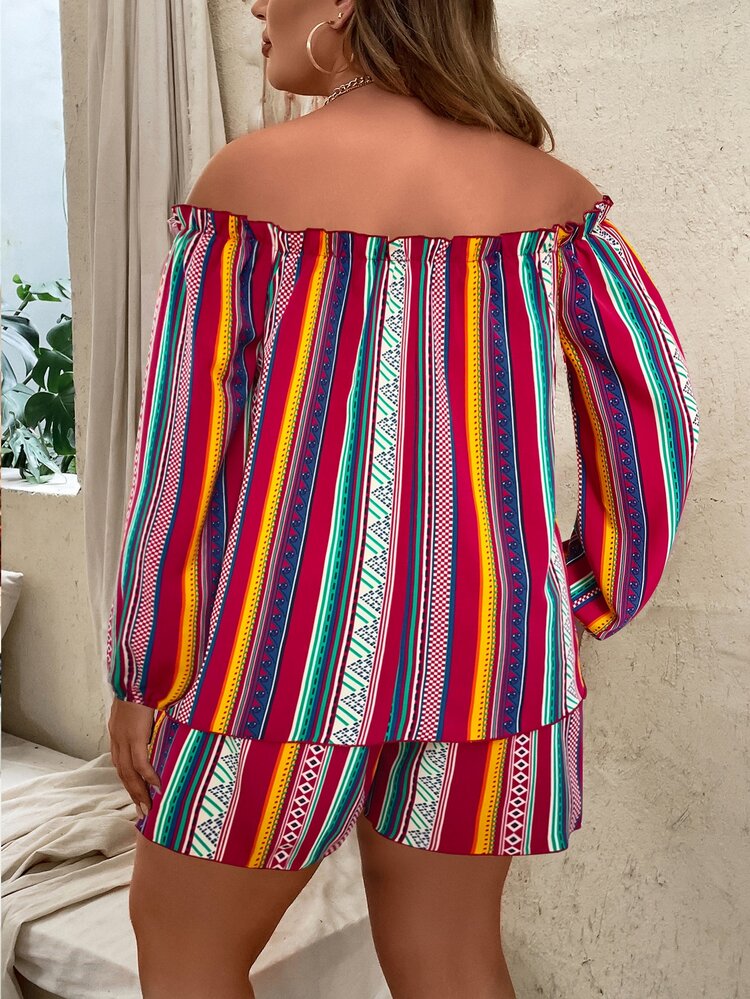 SHEIN Holidaya Plus Striped Print Off Shoulder Lantern Sleeve Top & Shorts - Multicolor - View 2