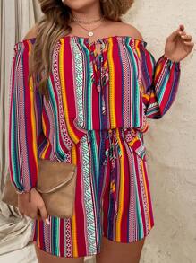 SHEIN Holidaya Plus Striped Print Off Shoulder Lantern Sleeve Top & Shorts - Multicolor - View 3