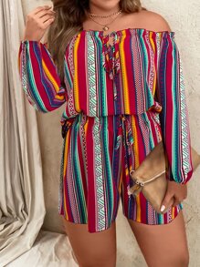 SHEIN Holidaya Plus Striped Print Off Shoulder Lantern Sleeve Top & Shorts - Multicolor - View 4