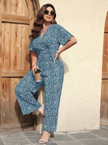 SHEIN LUNE Mono de pierna ancha con estampado con nudo lateral - Azul y blanco - Ver 1