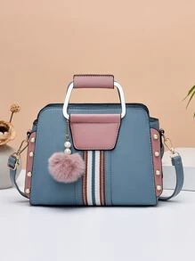 Small Square Bag Pearl & Pom Pom Decor Striped Detail Colorblock, Mother Day Gifts, Mom Gifts, Mommy's Essentials, Mommy Bag For Going Out