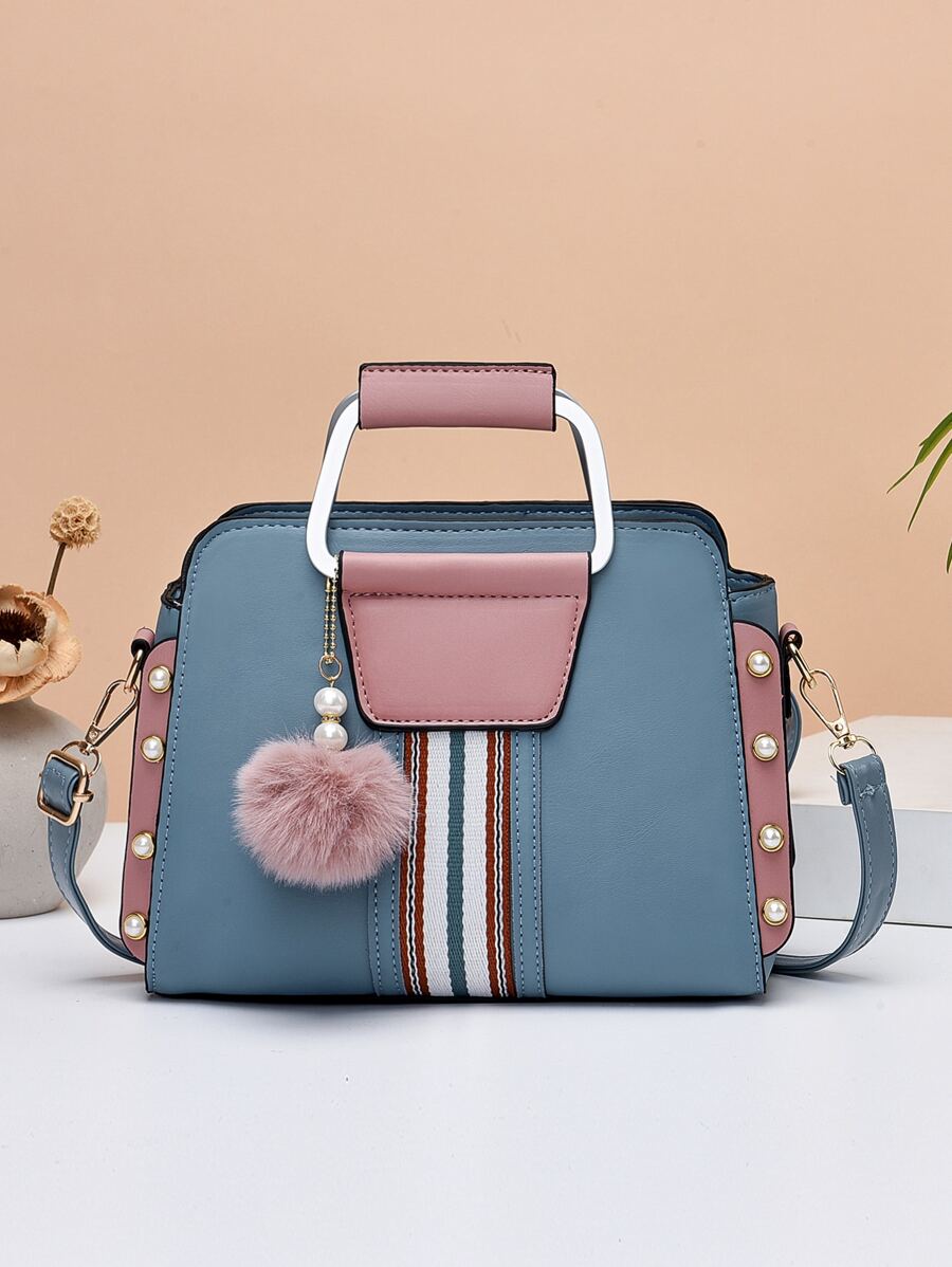 Small Square Bag Pearl & Pom Pom Decor Striped Detail Colorblock, Mother Day Gifts, Mom Gifts, Mommy's Essentials, Mommy Bag For Going Out