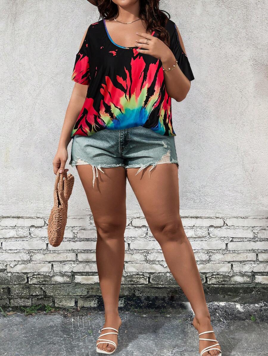 SHEIN LUNE Camiseta de tie dye de hombros descubiertos - Multicolor - Ver 1