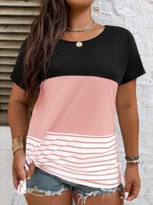 SHEIN LUNE Áo thun kẻ sọc Colorblock họa tiết áo thun nữ - Hồng - Xem 1