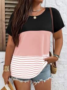 SHEIN LUNE Áo thun kẻ sọc Colorblock họa tiết áo thun nữ - Hồng - Xem 3