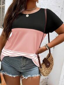 SHEIN LUNE Áo thun kẻ sọc Colorblock họa tiết áo thun nữ - Hồng - Xem 4