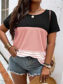 SHEIN LUNE Áo thun kẻ sọc Colorblock họa tiết áo thun nữ - Hồng - Xem 5