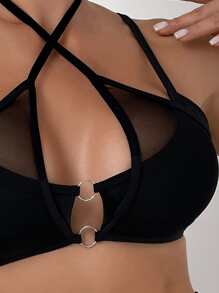 Swim SXY Damskie topy bikini Siateczka kontrastująca z krzyżowaniem Pierścionek Prosty