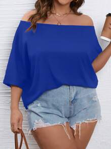 Calvaya Cộng với áo thun tay cánh dơi cổ bất đối xứng - Màu xanh lam - Xem 3