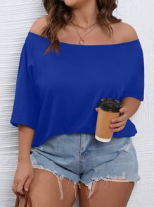 Calvaya Cộng với áo thun tay cánh dơi cổ bất đối xứng - Màu xanh lam - Xem 4