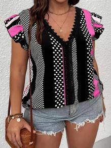 Breezaya 大码波西米亚风波尔卡圆点撞色蕾丝蝴蝶袖衬衫，适合夏季 - 粉色 - 查看 1