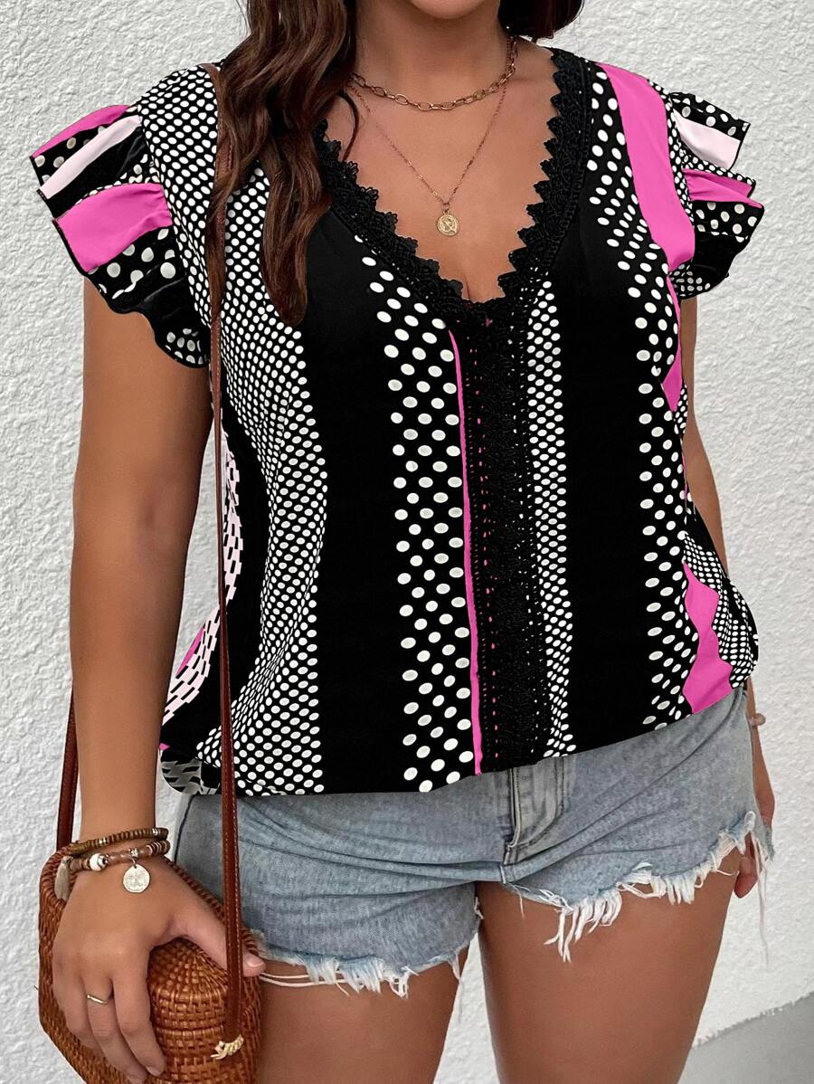 Breezaya 大码波西米亚风波尔卡圆点撞色蕾丝蝴蝶袖衬衫，适合夏季 - 粉色 - 查看 1