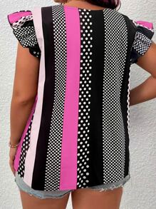 Breezaya 大码波西米亚风波尔卡圆点撞色蕾丝蝴蝶袖衬衫，适合夏季 - 粉色 - 查看 2