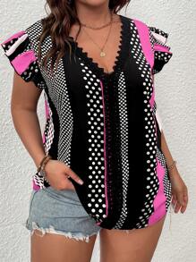 Breezaya 大码波西米亚风波尔卡圆点撞色蕾丝蝴蝶袖衬衫，适合夏季 - 粉色 - 查看 3