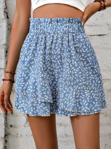 Breezaya 小碎花紙袋腰荷葉邊裙裤 - 藍白色 - 查看 1