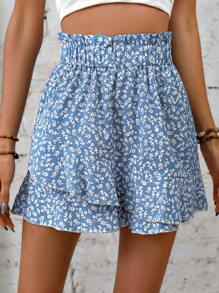 Breezaya 小碎花紙袋腰荷葉邊裙裤 - 藍白色 - 查看 4