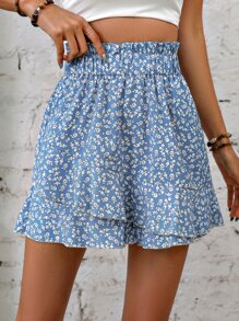 Breezaya 小碎花紙袋腰荷葉邊裙裤 - 藍白色 - 查看 6