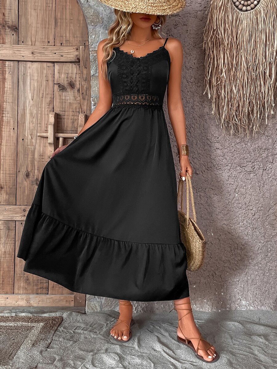 SHEIN VCAY Đầm Tương phản ren Viên lá sen màu trơn Giải trí - màu đen - Xem 1