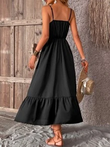 SHEIN VCAY Đầm Tương phản ren Viên lá sen màu trơn Giải trí - màu đen - Xem 2