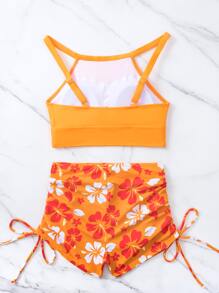 Swim Lushoire Summer Beach Halter Top & Floral Print Drawstring Side Shorts Bikini Set, Orange Bathing Suit