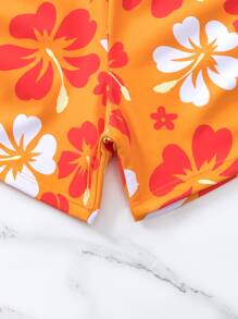 Swim Lushoire Summer Beach Halter Top & Floral Print Drawstring Side Shorts Bikini Set, Orange Bathing Suit