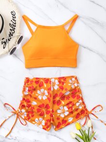 Swim Lushoire Summer Beach Halter Top & Floral Print Drawstring Side Shorts Bikini Set, Orange Bathing Suit